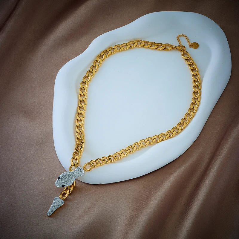Stainless Steel Punk  Gold Plated Cubic Zirconia Pendant Cuban Link Statament Necklace For Women Men Party Gift