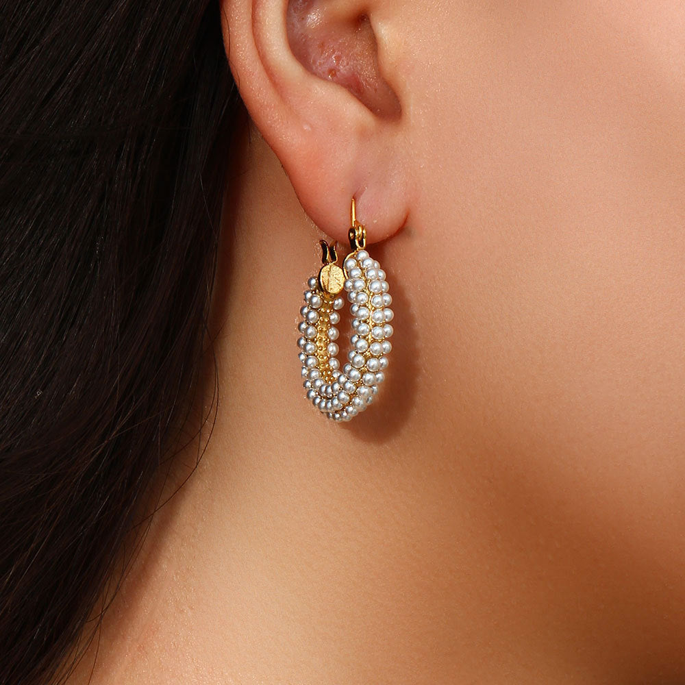 Fashion Simple Niche Light Luxury Earrings Stainless Steel 18K Gold Plated With Full Of Pearls Earrings