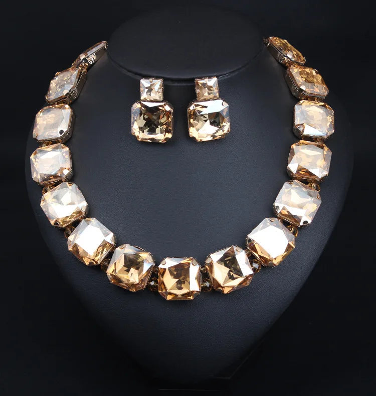 Women Copper Paved Bling Square Crystal Link Chain Necklace White Black Champagne Crystal Banquet Bib Statement Collar Wholesale