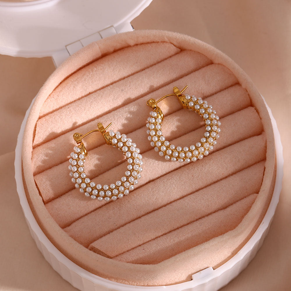 Fashion Simple Niche Light Luxury Earrings Stainless Steel 18K Gold Plated With Full Of Pearls Earrings