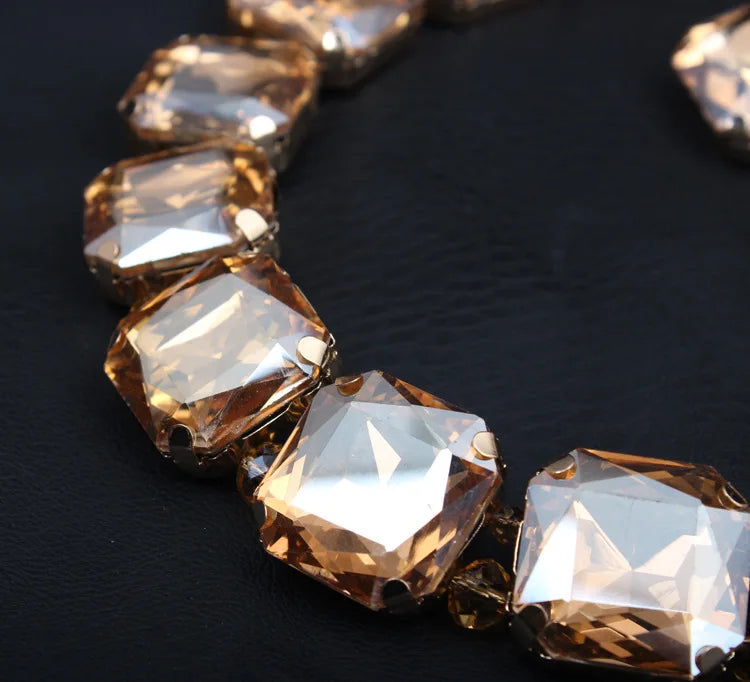 Women Copper Paved Bling Square Crystal Link Chain Necklace White Black Champagne Crystal Banquet Bib Statement Collar Wholesale