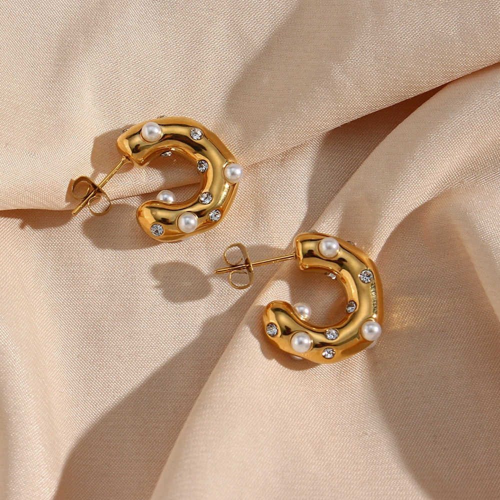 New Chunky Stainless Steel Gold Plated Earrings For Women Irregular Pearl Zircon Paved Thick Statement Earring Jewelry