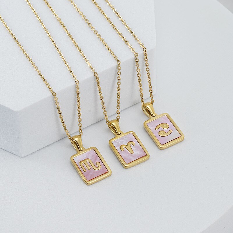 18K Gold Plated Stainless Steel Pink Shell 12 Constellation Pendant Necklace For Women Zodiac Sign Choker Jewelry
