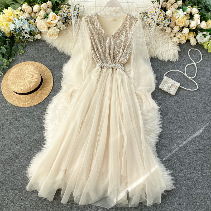 Court Ladies Dress Skirt Can Usually Wear Bling Sparkling Sequins Stitching Fairy Sweet Mesh Dress