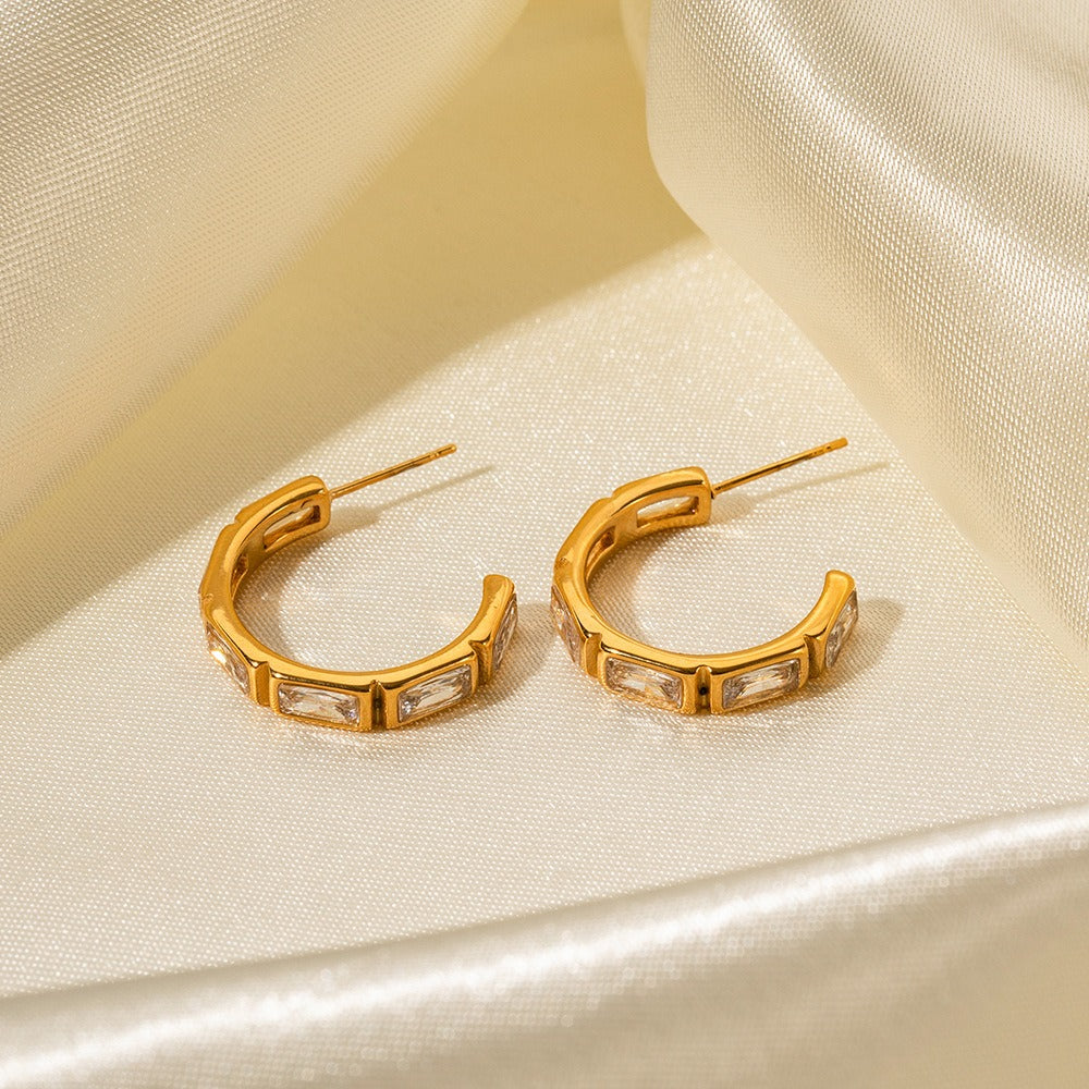 18K gold stainless steel set with zircon earrings C-shaped high-end design non fading female earrings