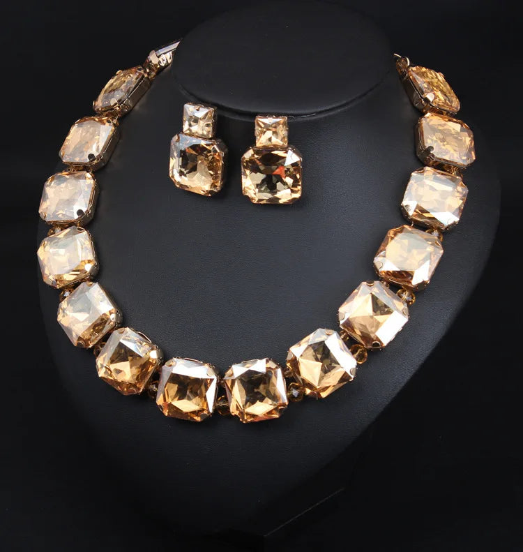 Women Copper Paved Bling Square Crystal Link Chain Necklace White Black Champagne Crystal Banquet Bib Statement Collar Wholesale