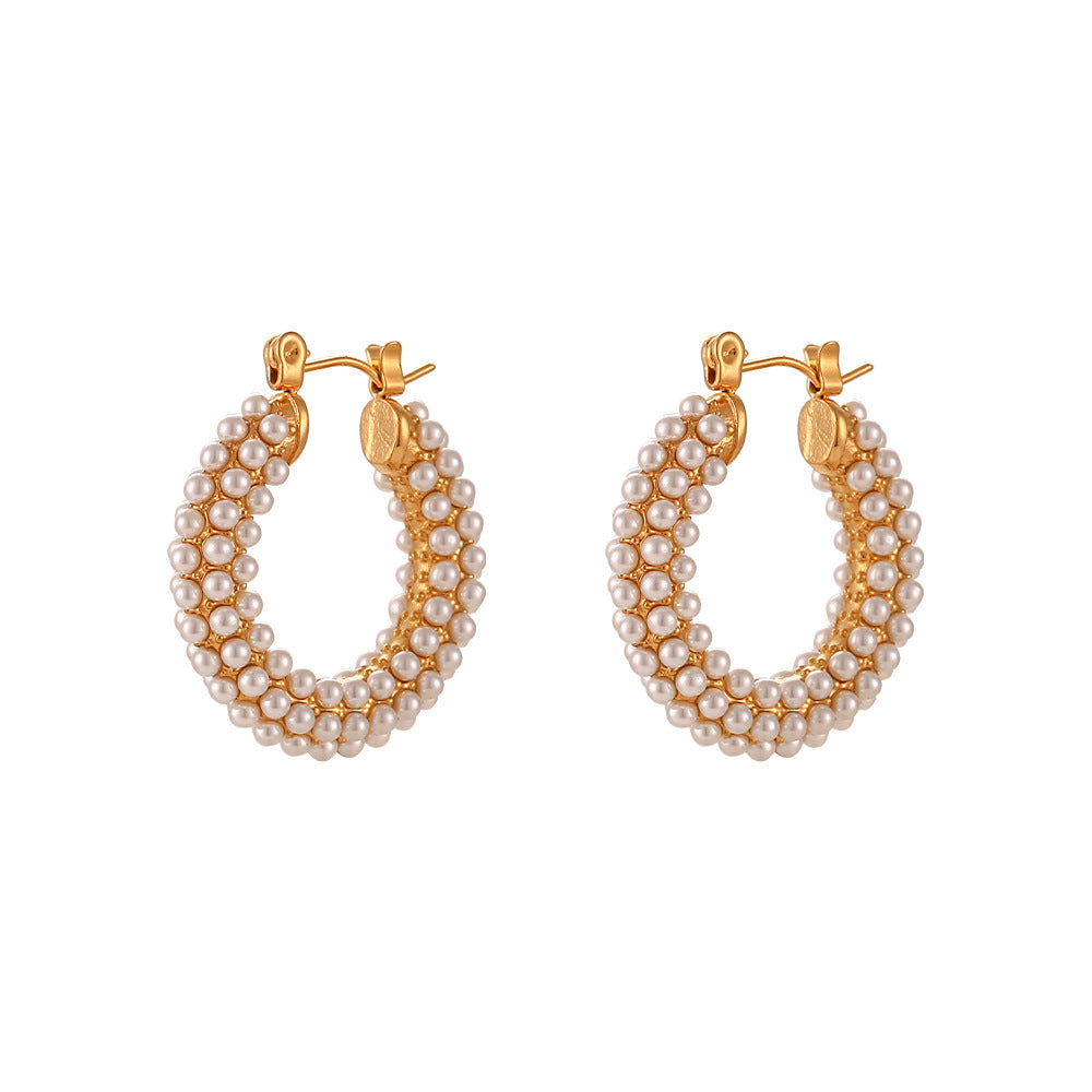 Fashion Simple Niche Light Luxury Earrings Stainless Steel 18K Gold Plated With Full Of Pearls Earrings