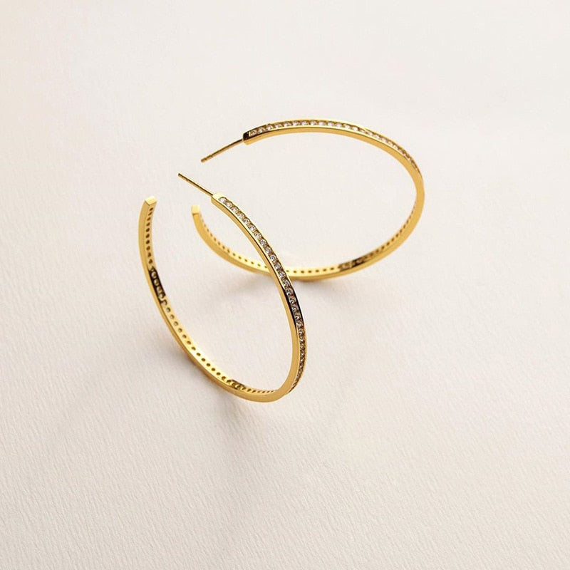 Anti-allergy 925 Sterling Silver Post 18K Gold Plated Zircon Pave Gold CC Earring Party Jewelry Large Hoop Earrings for Women