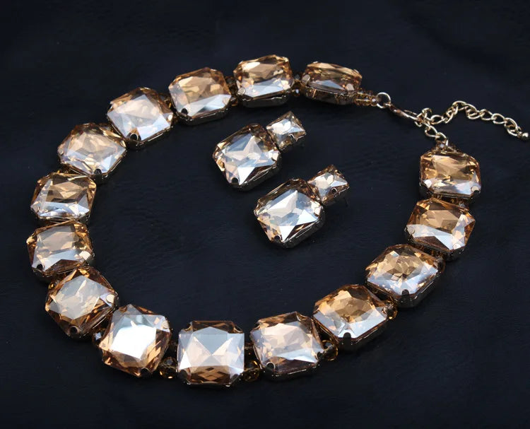 Women Copper Paved Bling Square Crystal Link Chain Necklace White Black Champagne Crystal Banquet Bib Statement Collar Wholesale