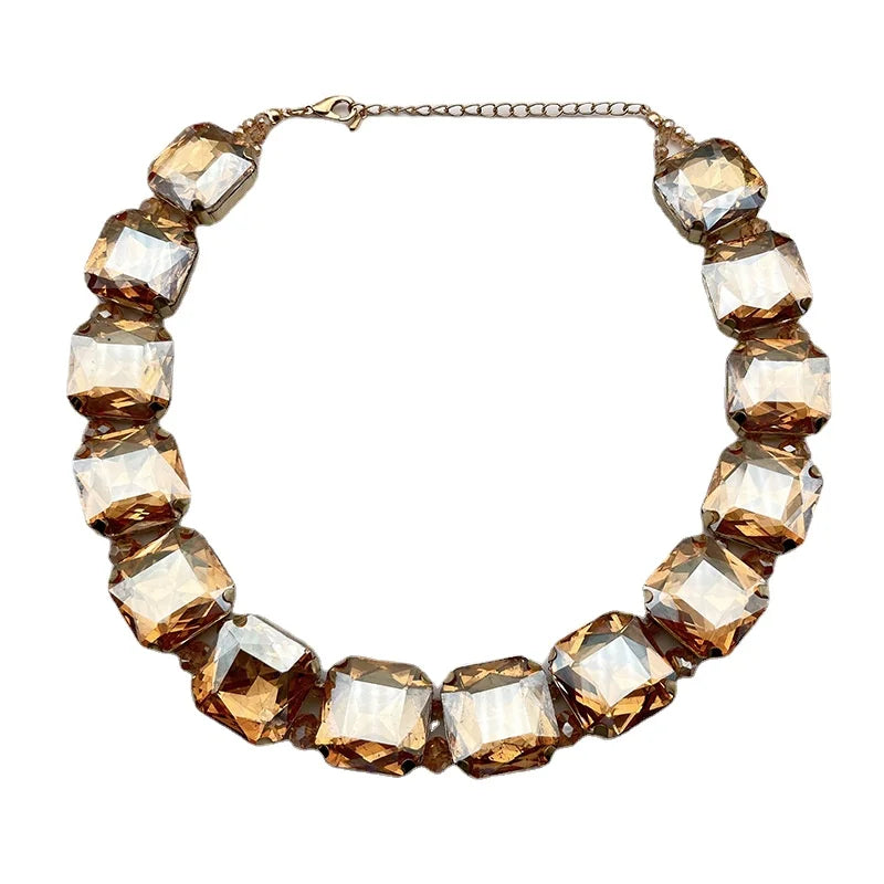 Women Copper Paved Bling Square Crystal Link Chain Necklace White Black Champagne Crystal Banquet Bib Statement Collar Wholesale