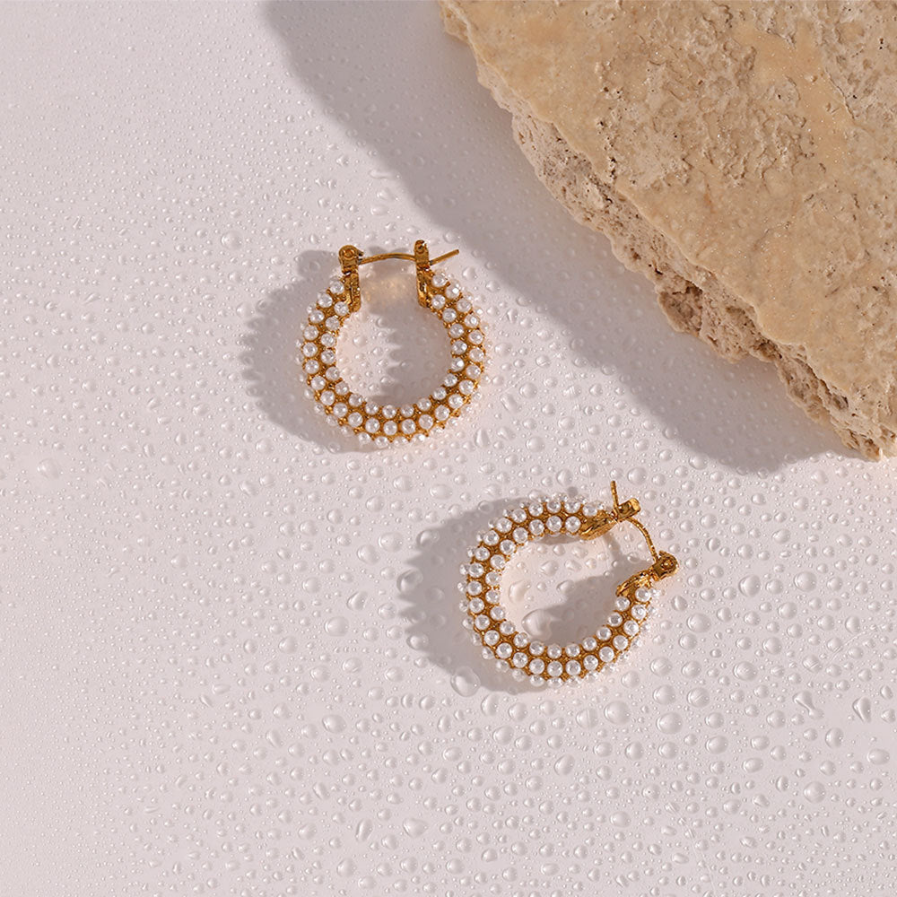 Fashion Simple Niche Light Luxury Earrings Stainless Steel 18K Gold Plated With Full Of Pearls Earrings