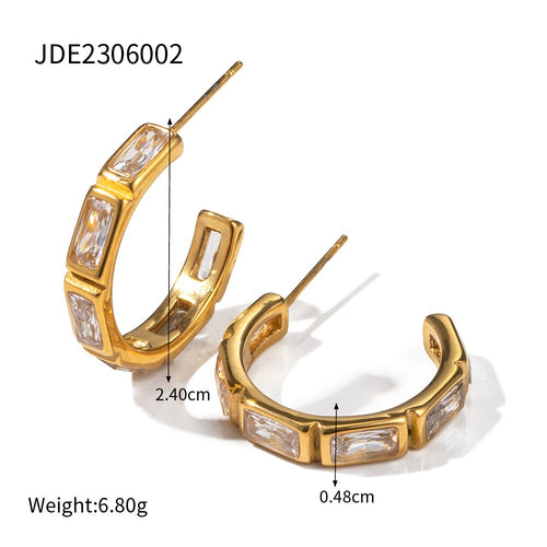 18K gold stainless steel set with zircon earrings C-shaped high-end design non fading female earrings