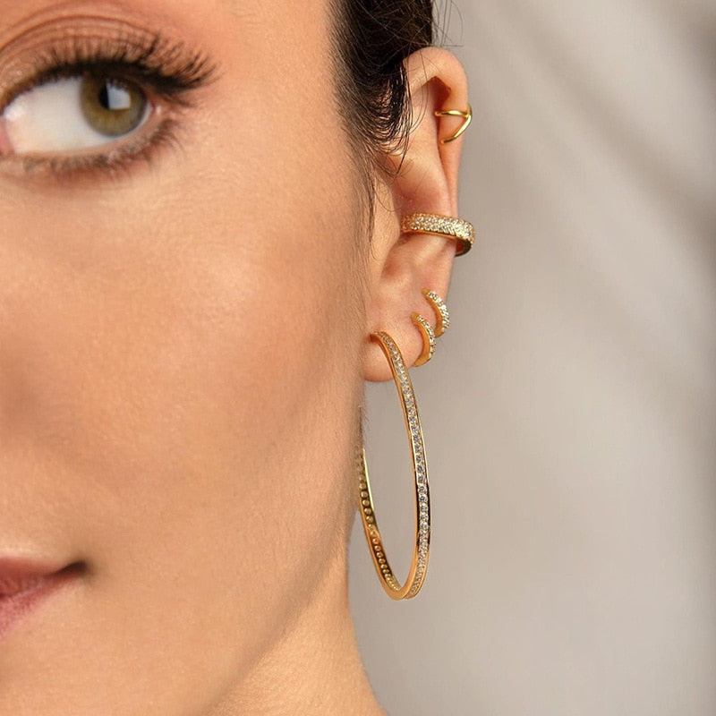 Anti-allergy 925 Sterling Silver Post 18K Gold Plated Zircon Pave Gold CC Earring Party Jewelry Large Hoop Earrings for Women