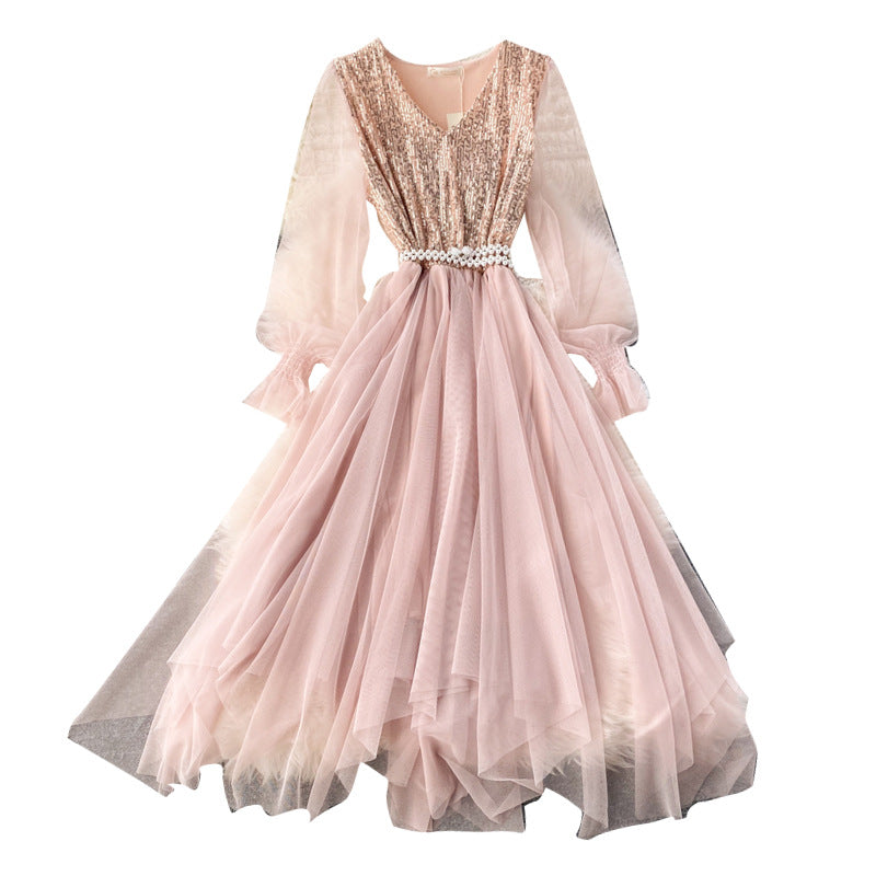 Court Ladies Dress Skirt Can Usually Wear Bling Sparkling Sequins Stitching Fairy Sweet Mesh Dress