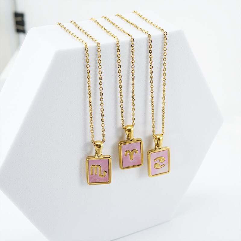 18K Gold Plated Stainless Steel Pink Shell 12 Constellation Pendant Necklace For Women Zodiac Sign Choker Jewelry