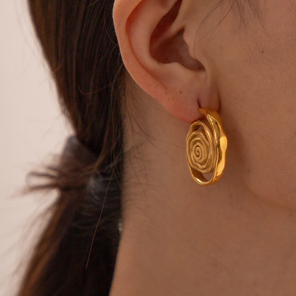 Uworld 18K Gold Plated Simple Stainless Steel Spiral Irregular Hoop Earrings Women's Waterproof Trendy Jewelry