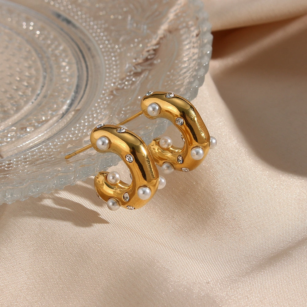 New Chunky Stainless Steel Gold Plated Earrings For Women Irregular Pearl Zircon Paved Thick Statement Earring Jewelry