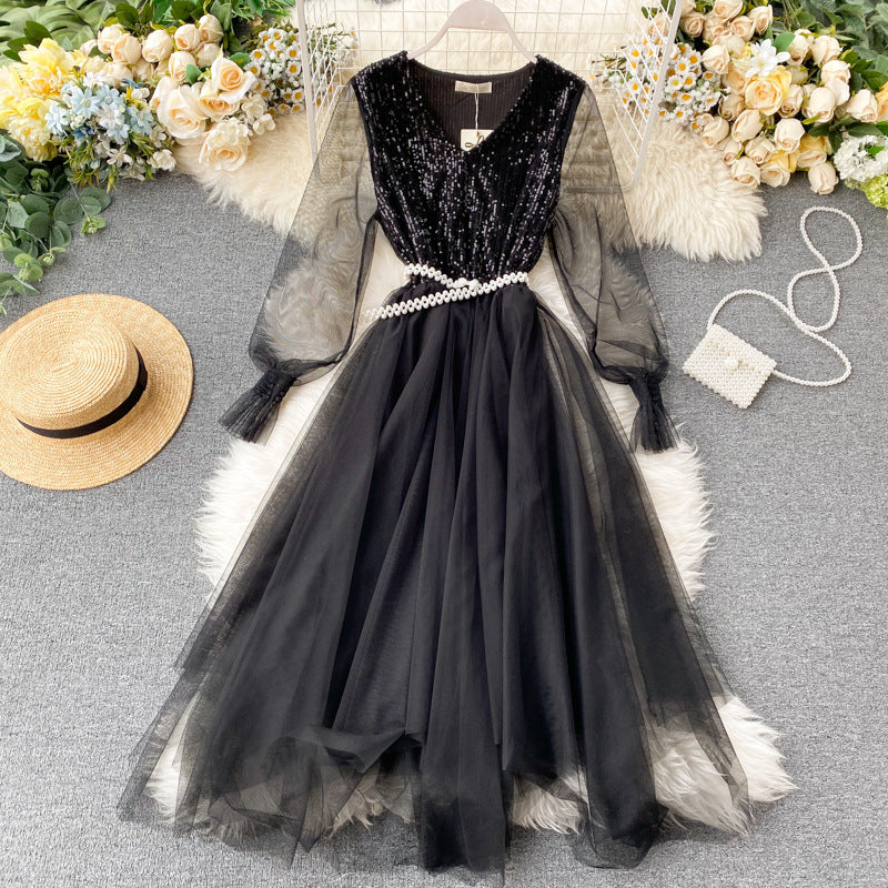 Court Ladies Dress Skirt Can Usually Wear Bling Sparkling Sequins Stitching Fairy Sweet Mesh Dress