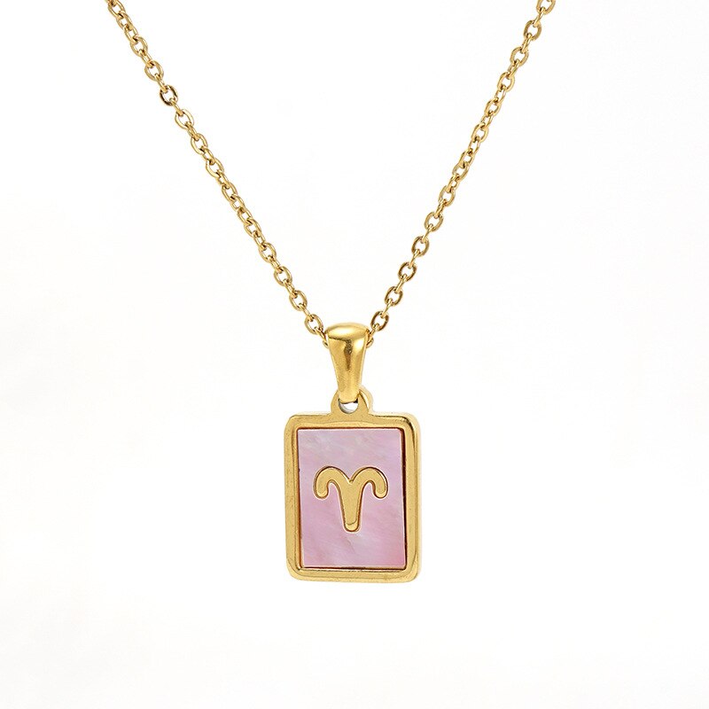 18K Gold Plated Stainless Steel Pink Shell 12 Constellation Pendant Necklace For Women Zodiac Sign Choker Jewelry