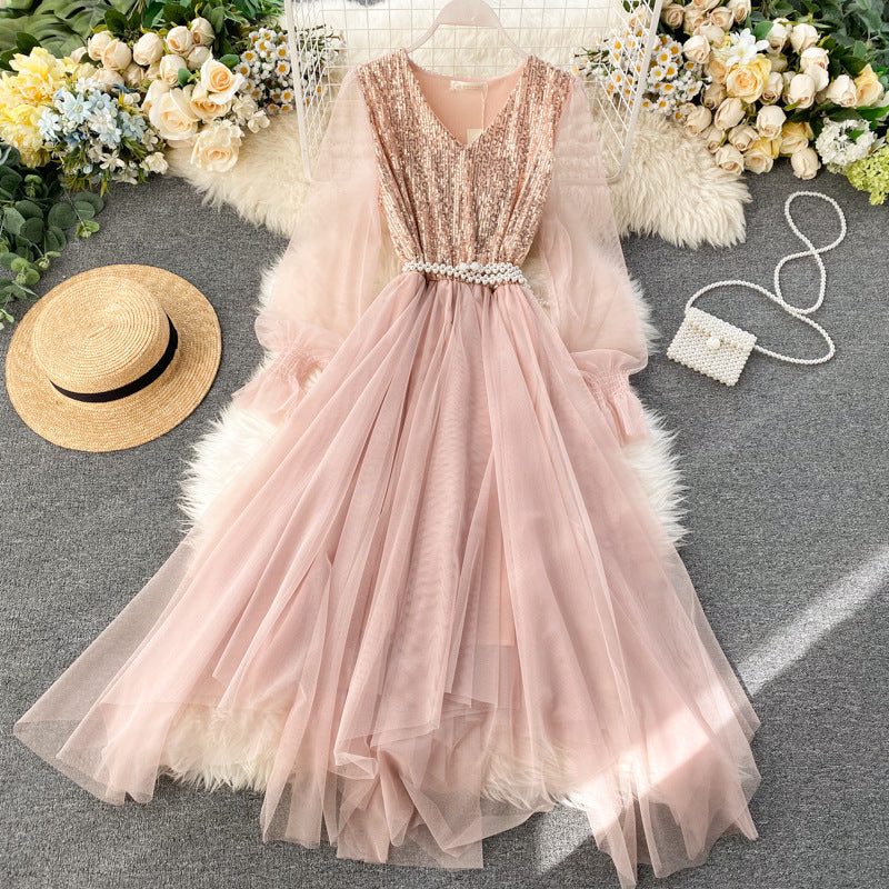 Court Ladies Dress Skirt Can Usually Wear Bling Sparkling Sequins Stitching Fairy Sweet Mesh Dress