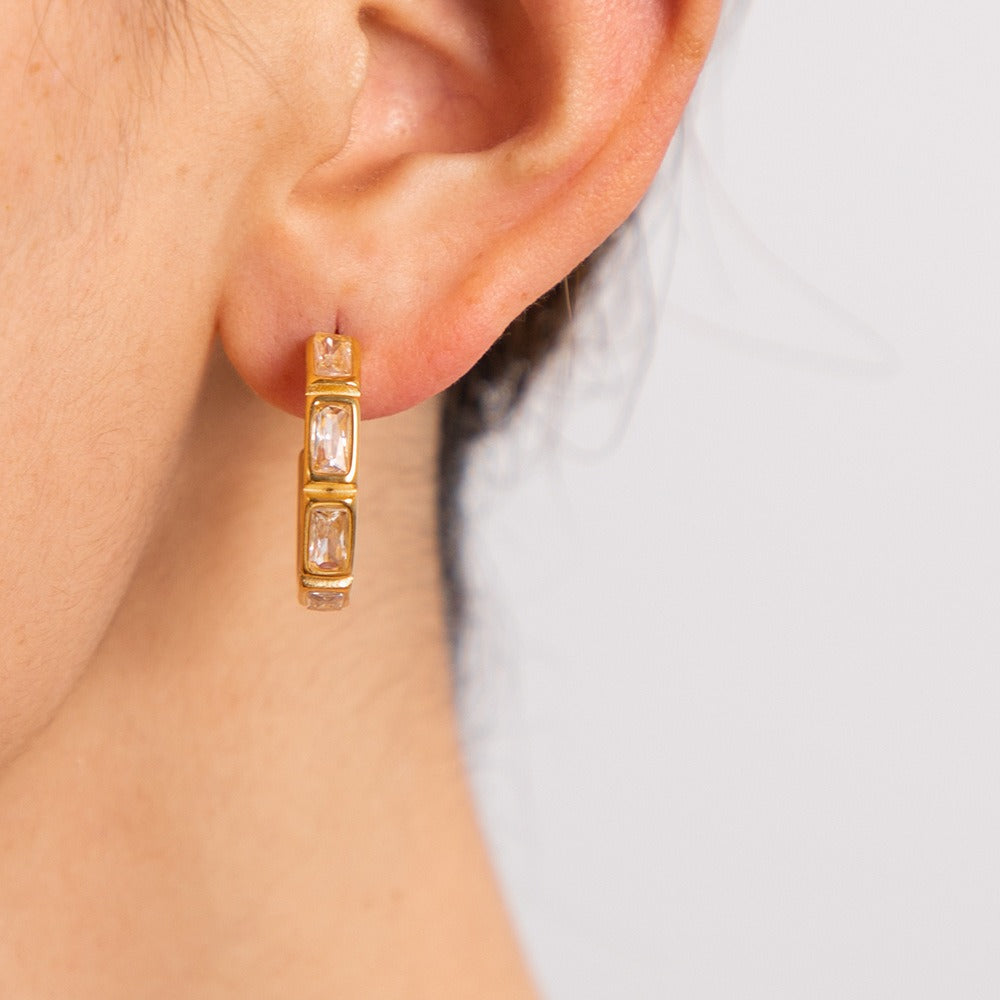 18K gold stainless steel set with zircon earrings C-shaped high-end design non fading female earrings