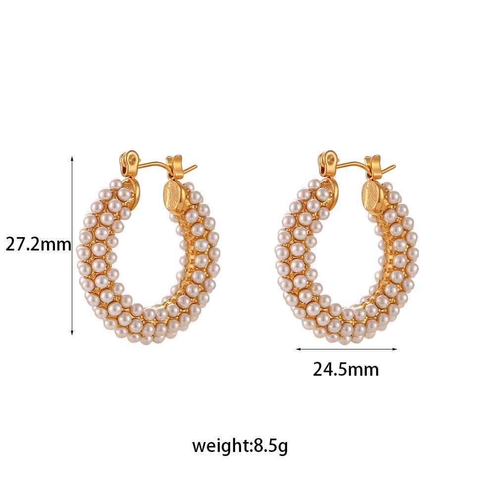Fashion Simple Niche Light Luxury Earrings Stainless Steel 18K Gold Plated With Full Of Pearls Earrings