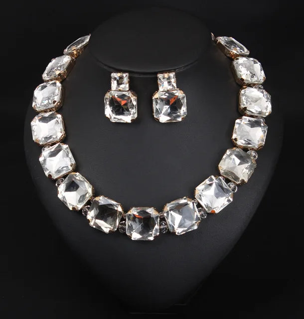 Women Copper Paved Bling Square Crystal Link Chain Necklace White Black Champagne Crystal Banquet Bib Statement Collar Wholesale