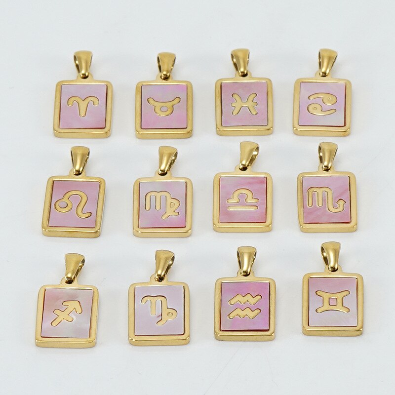 18K Gold Plated Stainless Steel Pink Shell 12 Constellation Pendant Necklace For Women Zodiac Sign Choker Jewelry