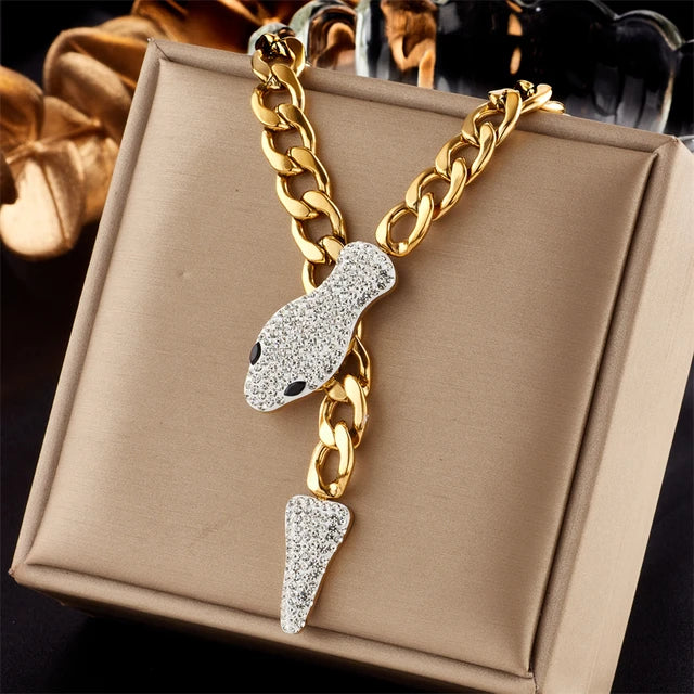 Stainless Steel Punk  Gold Plated Cubic Zirconia Pendant Cuban Link Statament Necklace For Women Men Party Gift