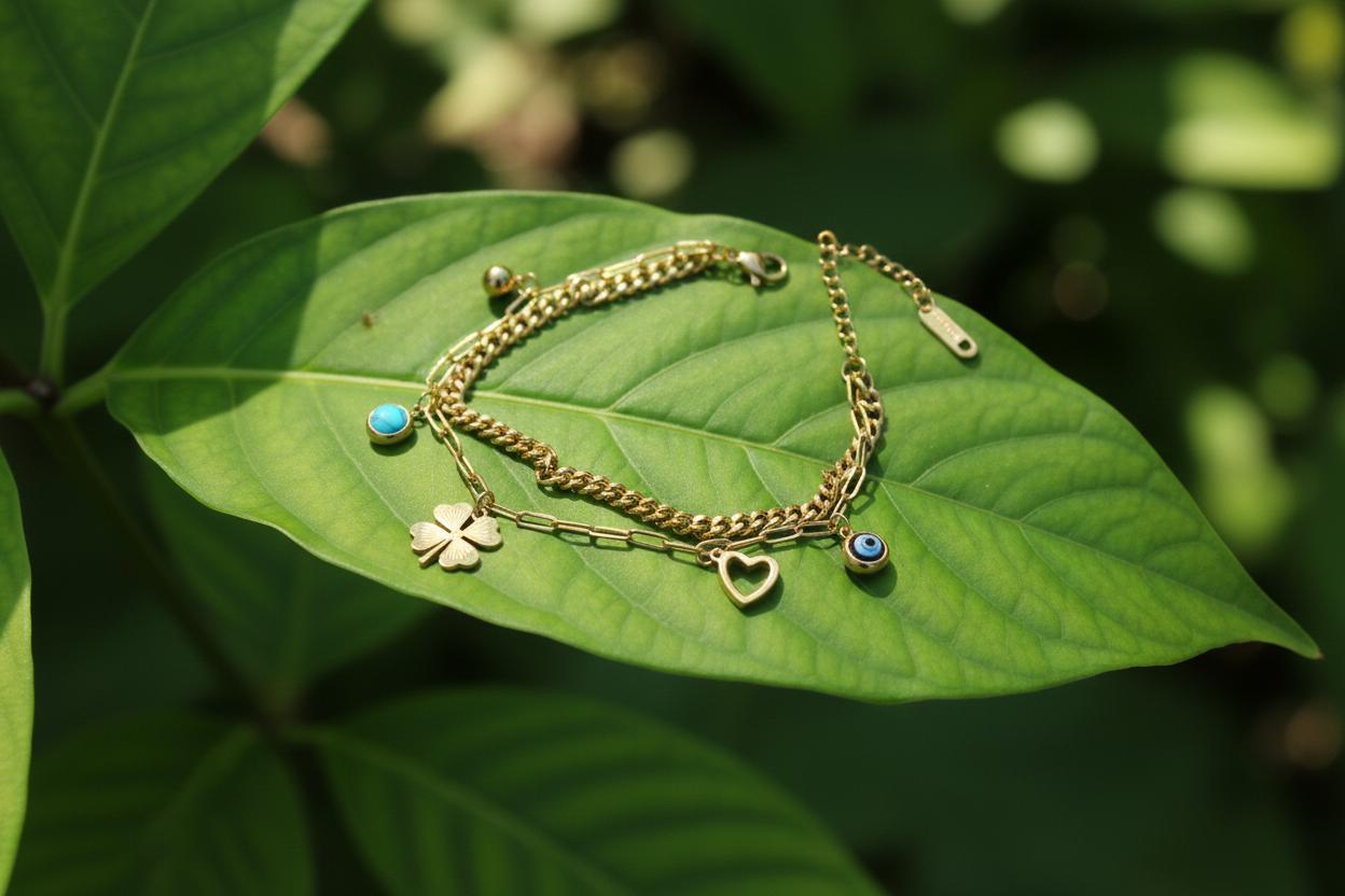 Gold Plated Stainless Steel Anti Tarnish Clover themed Evil Eye Wraparound Bracelet 