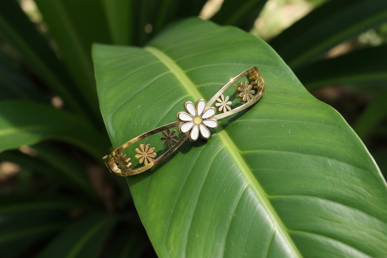 Gold Plated Stainless Steel Floral Themed Anti Tarnish Bangle Style Bracelet 