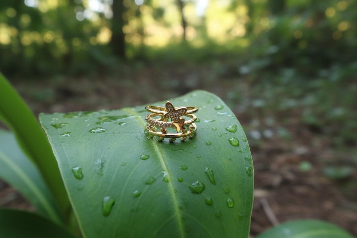 Gold Plated Anti Tarnish Stainless Steel Butterfly Themed Adjustable Finger Ring