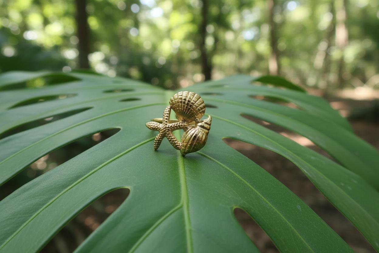 Gold Plated Anti Tarnish Stainless Steel Sea Shell Themed Ring 