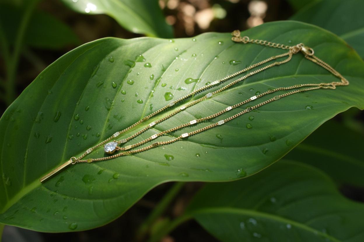 Gold Plated Stainless Steel Anti Tarnish Tear Drop CZ Dual Strand Pendant